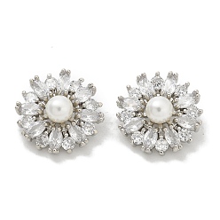 Прозрачный Стойка гальванопокрытие латунные кнопки с микропаве из кубического циркония, с ABS имитации жемчуга, долговечный, без свинца и без кадмия, плоско-круглые, платина, 1-луночное, прозрачные, 16.5x8 мм, отверстие : 1.2 мм