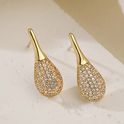 Teardrop Серьги-гвоздики из латуни с прозрачными кубическими циркониями, золотые, слеза, 21x8 мм