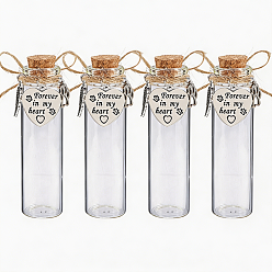 Antique Silver 4Pcs Glass Cork Wishing Bottles, with Alloy Pendants, Column, Antique Silver, 8cm