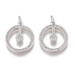 Platinum Brass Micro Pave Clear Cubic Zirconia Pendants, Long-Lasting Plated, With Jump Rings, Flat Round, Platinum, 19x16x2mm, Hole: 3mm, Jump Ring: 5x1mm