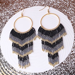 Черный Серьги-кольца с кисточками из сплава стеклянных бусин, золотые, чёрные, 125x50 мм