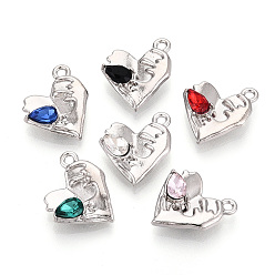 Платина Подвески из сплава и страза, сердце, без свинца и без кадмия, платина, 18.5x15x4 мм, отверстие : 1.6 мм
