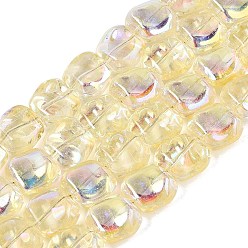 Pale Goldenrod Electroplate Transparent Glass Beads Strands, Beans, AB Color Plated, Half Plated, Pale Goldenrod, 10.5~11x11~11.5x7~7.5mm, Hole: 0.9~0.1mm, about 59~60pcs/strand, 25.20~25.59 inch(64~65cm)