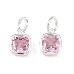 Pink Latón pavimenta encantos de zirconia cúbica, con anillos de salto, encantos de una sola piedra, encantos cuadrados, plata, rosa, 8x8x6 mm, agujero: 3 mm