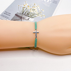 Светлый Морско-зеленый Сплав браслеты с поперечными связями для мужчин и женщин, с нейлоновым плетеным шнуром, платина, светло-зеленый, 5-7/8~12-5/8 дюйм (15~32 см)