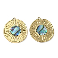 Настоящее золото 18K Плоские круглые подвески из нержавеющей стали с покрытием из натуральной раковины пауа/белой раковины методом ионного напыления (IP)., реальный 304 k позолоченный, 18 мм, отверстие : 25x22x2.5 мм