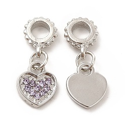 Танзания Подвески из сплава со стразами в стойке в европейском стиле, большие прелести дыр, сердце, платина, танзанитом, 23 мм, Сердце: 11.6x10x1.6 mm, отверстие : 4.5 мм