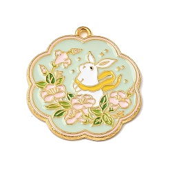 Golden Alloy Enamel Pendants, Rabbit with Flower Charms, Golden, 27x25x1.5mm, Hole: 1.6mm