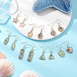 Mixed Shapes Естественно Paua оболочки болтаться серьги, с 304 нержавеющей стали серьги крючки, золотые, разнообразные, 31.5~44.5x8.5~16 мм