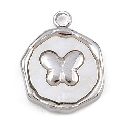 Нержавеющая Сталь Цвет Натуральный белый оболочки подвески, плоский круглый с подвесками в виде бабочек, с 304 установками из нержавеющей стали, цвет нержавеющей стали, 16x12.5x3 мм, отверстие : 1.8 мм