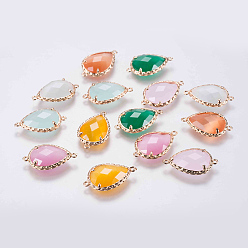 Mixed Color Glass Links connectors, with Brass Finding, Faceted, teardrop, Golden, Mixed Color, 23.5x14.5x5mm, Hole: 0.8mm