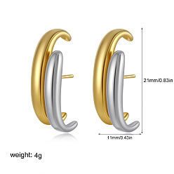 Golden & Stainless Steel Color 304 Stainless Steel Stud Earrings for Women, Half Hoop Earrings, Golden & Stainless Steel Color, 21x11mm