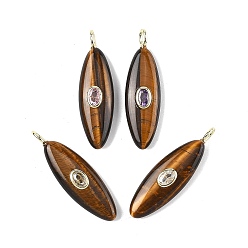 Тигровый глаз Природных тигровый глаз подвески, Подвески в виде конского глаза с латунной микрофиброй из кубических цирконий (случайного цвета), золотые, 41x12x7 мм, отверстие : 2x4 мм