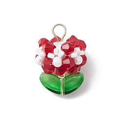 (123L) Белый крем непрозрачный блеск Стеклянные подвески, цветок, со стеклянными бусинами и 304 петлей из нержавеющей стали, граненые, огнеупорный кирпич, 22x15.5 мм, отверстие : 3 мм