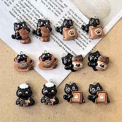 Черный Подвески из непрозрачной смолы на кофейную тематику, кошачье очарование, с платиново-железными петлями, чёрные, 23~30x22~26x8~10 мм, отверстие : 2 мм