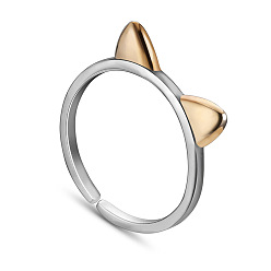 Platinum & Golden Lovely 925 Sterling Silver Cuff Rings, Open Rings, with Real 24K Gold Plated Cat Ear, Platinum & Golden, 18mm