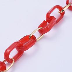 Red Handmade Paperclip Chains, Drawn Elongated Cable Chains, with Aluminium Linking Rinds and Acrylic Linking Rinds, Imitation Gemstone Style, Light Gold, Red, Link: 16x8x2mm, 18.5x11.5x4.5mm, 39.37 inch(1m)/strand