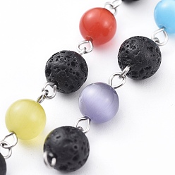 Lava Rock Handmade Natural Lava Rock Beaded Chains, Unwelded, with Cat Eye Beads and 304 Stainless Steel Eye Pin, Round, Stainless Steel Color, 15x8mm, 39.37 inch(1m)/strand