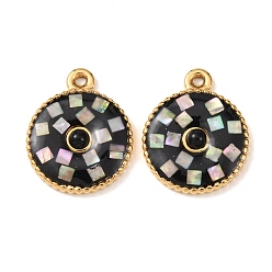 Черный 304 нержавеющей стальной эмали подвески, плоские круглые прелести, с ракушками и черным агатом, золотые, чёрные, 17.5x14.5x3.5 мм, отверстие : 1 мм