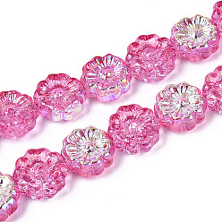 Ярко-Розовый Гальванизируйте прозрачное стекло бисер нитей, цветка сливы, с покрытием AB цвета, ярко-розовый, 14~14.5x14~14.5x6~6.5 мм, отверстие : 1~1.2 мм, около 45 шт / нитка, 24.41~24.80 дюйм (62~63 см)