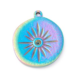Rainbow Color Revestimiento iónico (ip) 304 colgantes de acero inoxidable, plano y redondo con estrella, color del arco iris, 28.5x24x2 mm, agujero: 2 mm