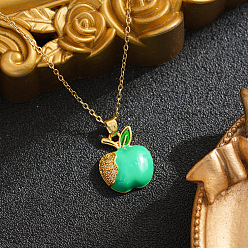 Aquamarine Christmas Brass Micro Pave Clear Cubic Zirconia Enamel Apple Pendant 201 Stainless Steel Cable Chain Necklaces for Unisex, Ion Plating(IP), Real 18K Gold Plated, Aquamarine, 15.75 inch(40cm)