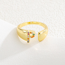 Letter P Браслет-манжета из латуни с микропаве и цветными кубическими циркониями, открытые кольца., буквы, золотые, Письмо P, 15~20 мм