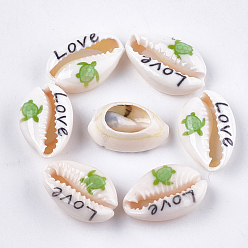 Yellow Green Printed Cowrie Shell Beads, No Hole/Undrilled, Sea Turtle & Love, Yellow Green, 18~23x11~14x6.5~8mm