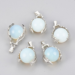 Opalite Opalite Pendants, with Alloy Findings, Round, Platinum, 28x20x16mm, Hole: 5x3.5mm