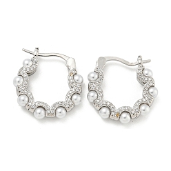 Platinum Rack Plating Brass Micro Pave Clear Cubic Zirconia Hoop Earring, Cadmium Free & Lead Free, Long-Lasting Plated, with ABS Imitation Pearl Wave Line Hoop Earrings, Platinum, 22x4mm