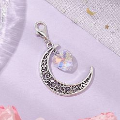 Сердце Подвесные украшения из сплава луны и стекла, Подвески с застежками-когтями омара для украшения сумок, сердце, 58x36 мм, Сердце: 18x14x7 mm