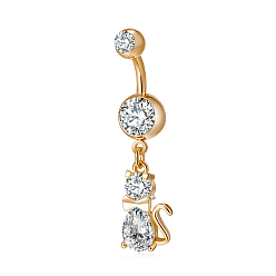 Transparent Piercing-Schmuck, Messing Zirkonia Kätzchen Nabel Ring, Bauchringe, mit chirurgischem Edelstahlstab, cadmiumfrei und bleifrei, golden, Katzenform, Transparent, 40x9 mm, Stange: 15 Spurweite(1.5mm), Stangenlänge: 3/8"(10mm)
