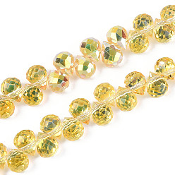 Золотистый Прозрачные стеклянные бусины гальваническим пряди, слеза, граненые, Топ пробуренной, с полным покрытием цвета радуги, золотые, 7.5~8x6 мм, отверстие : 1 мм, около 96 шт / нитка, 16.14 дюйм (41 см)