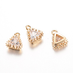Light Gold Brass Cubic Zirconia Charms, Triangle, Light Gold, 9x7x5mm, Hole: 1mm
