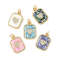 Настоящее золото 18K Покрытие стойки латунь микро паве кубический цирконий и подвески в виде ракушек, Прямоугольник с сердцем, с эмалью, долговечный, без кадмия и без свинца, с целью перехода в кольце, реальный 18 k позолоченный, 18.5x13x2.5 мм, отверстие : 3.4 мм