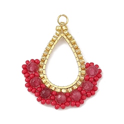 Red Dyed Natural Malaysia Jade & Glass Seed Beaded Pendants, Teardrop Charms, with 201 Stainless Steel Linking Rings & 304 Stainless Steel Open Jump Rings, Red, 34x29x5mm, Hole: 2.5mm