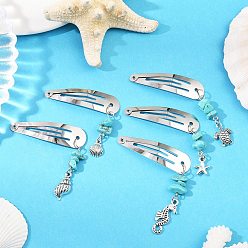 Античный Серебристый & Платиновый 5 шт. железные заколки-кнопки для волос с океанской тематикой, с подвесками из сплава и синтетическими бирюзовыми бусинами, разнообразные, старинное серебро и платина, 80~93 мм
