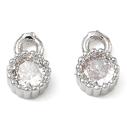 Platinum Brass Pave Clear Cubic Zirconia Charms, Flat Round Charms, Single Stone Charms, Rack Plating, Long-Lasting Plated, Platinum, 6x4x2.3mm, Hole: 1.2mm
