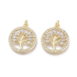 Настоящее золото 18K Латунные микро проложить кубического циркония подвески, с прыжковых колец, плоские круглые с деревом, прозрачные, реальный 18 k позолоченный, 18.5x16x2.5 мм, отверстие : 1.5 мм