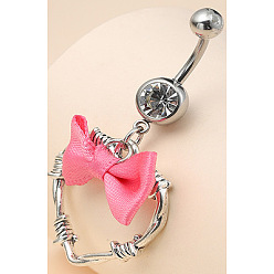 Ярко-Розовый 304 пупочные кольца с подвесками в виде сердца из нержавеющей стали с пайетками из кубического циркония и тканевым бантом, цвет нержавеющей стали, ярко-розовый, 50 мм, штифты : 1.6 мм, Руководитель: 5 mm, Длина стержня: 10мм