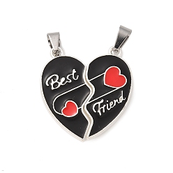 Черный Эмали сплава сплит подвески, сердце лучший друг очарование, платина, с магнитным, чёрные, 30.5x28.5x6 мм, отверстие : 7.5x3.5 мм