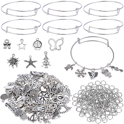 Античный Серебристый & Платиновый Наборы для изготовления регулируемых и расширяющихся железных браслетов своими руками, в том числе железные открытые прыжковые кольца, Подвески из сплава в тибетском стиле, выполненные в различных формах, старинное серебро и платина, внутренний диаметр: 2-1/2~2-5/8 дюйм (6.2~6.7 см)