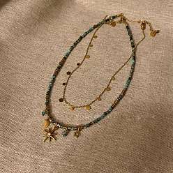 Золотой 2 шт. Звезда Луна плоские круглые ожерелья из сплава и смолы с имитацией драгоценных камней и бусинами, двухслойные ожерелья, золотые, 15.35 дюйм (39 см) и 13.78 дюйм (35 см)