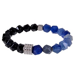 Авантюрин Мужские эластичные браслеты из окрашенных натуральных синих бусин авантюрина и обсидиана., многоугольник, с колонновидным валиком из нержавеющей стали, 7.09 дюйм (18 см) ~ 8.66 дюйм (22 см)