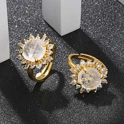Хрусталь Кольца из натурального кварца подсолнечника, Кольца-манжеты из латуни золотистого тона со стразами, стойки покрытие, долговечный, без свинца и без кадмия, подсолнечника: 19x19 мм, внутренний диаметр: 17 мм