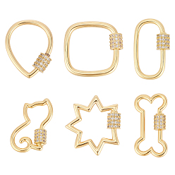 Mixed Shapes 6 шт. 6 стили латунные микропаве прозрачные кубические цирконии с винтовым карабином и замком, без кадмия, без никеля и без свинца, реальный 18 k позолоченный, разнообразные, 22.5~27x13~24x2 мм, 1 шт / стиль