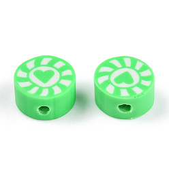 Лайм Бусины из полимерной глины , плоский круглый с сердцем и солнцем, желто-зеленые, 9~10x5 мм, отверстие : 1.6 мм