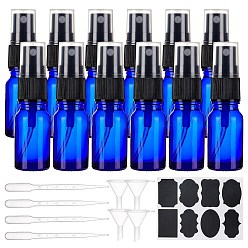 Blue Round Shoulder Glass Spray Bottles, with Fine Mist Sprayer & Dust Cap, Chalkboard Sticker Labels, Plastic Funnel Hopper, Plastic Dropper, Blue, 25x80mm, Capacity: 10ml, 12sets