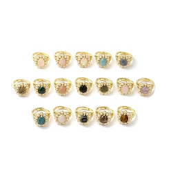 Mixed Stone Ion Plating(IP) Natural Mixed Gemstone Teardrop Adjustable Ring with Plastic Pearl Beaded, Real 14K Gold Plated Brass Jewelry, Inner Diameter: 16.5~17mm, 1Pc/style