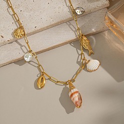 Настоящее золото 18K 304 Женские ожерелья с подвесками в виде рыбок из нержавеющей стали, акриловых жемчужин и натуральных ракушек с гальваническим покрытием, ионное покрытие (ip), без кадмия, без никеля и без свинца, реальный 18 k позолоченный, 17.13 дюйм (43.5 см)